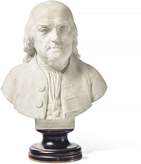 This Sèvres bisque porcelain bust of Benjamin Franklin, second half of the 19th century, after the Franklin bust by Jean-Jacques Caffieri (French, 1725-1792), marked “D.80.4 SEVRES,” the base with red Sèvres stamp, 13