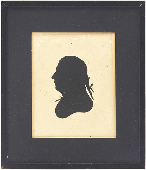 This silhouette profile portrait of William Russell Birch (1755-1834), an enamel painter, engraver, etcher, and father of artists Thomas and George Birch, attributed to Peale’s Museum of Philadelphia, 4¾