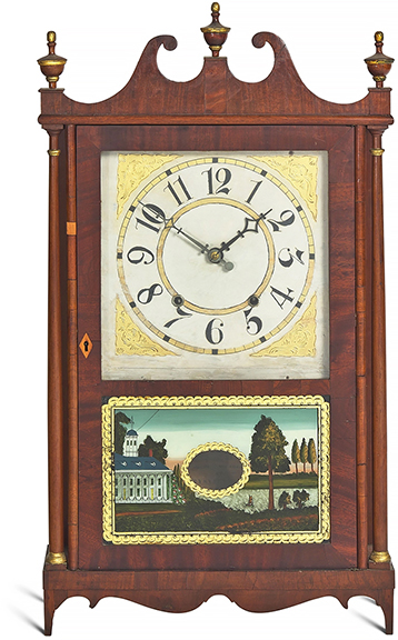 This Federal mahogany pillar-and-scroll shelf clock by Eli Terry Jr. & Co., Terryville, Connecticut, circa 1820, with a broken-arch pediment surmounted by three wood finials, a painted wood face, the door with an églomisé panel depicting a riverside house, flanked by two turned colonnettes, over a shaped apron with bracket feet, the interior retaining the original label, 30