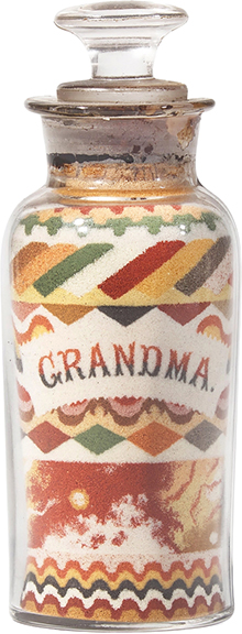 Sand art bottle by Andrew Clemens (1857-1894) of McGregor, Iowa, inscribed “Grandma,” 5¾