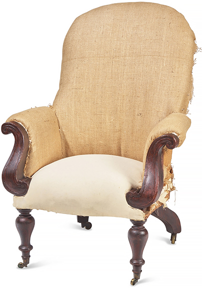 Classical carved rosewood armchair, circa 1835, on brass casters, 43½
