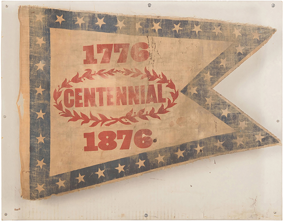 This printed glazed cotton Philadelphia Centennial Exposition pennant inscribed “1776 / Centennial / 1876,” 16¾