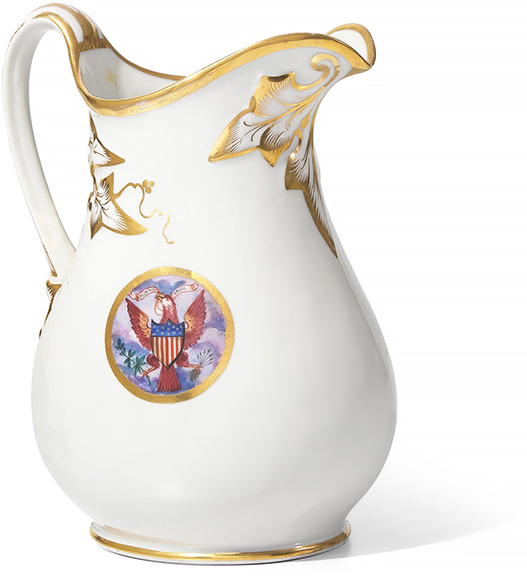 Presidential porcelain water pitcher associated with President Chester A. Arthur (1829-1886), 1881-85, with molded and gilt-accented ivy motifs, each side bearing the Great Seal of the United States, 10