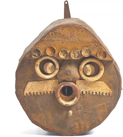 Found-object birdhouse, from a New Jersey collection of 20th-century Outsider art sculptures, painted wood, sheet iron, saw blades, cast-iron and miscellaneous fittings, 13