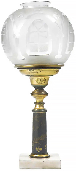 This brass and etched glass solar lamp by Cornelius & Co. (1838-51), Philadelphia, circa 1849, mounted on a marble base, with label reading “Cornelius & Co., Philad. / July 24th, 1849, Patent. / April 1st. 1843,” the shade etched with Gothic motifs, 20¼