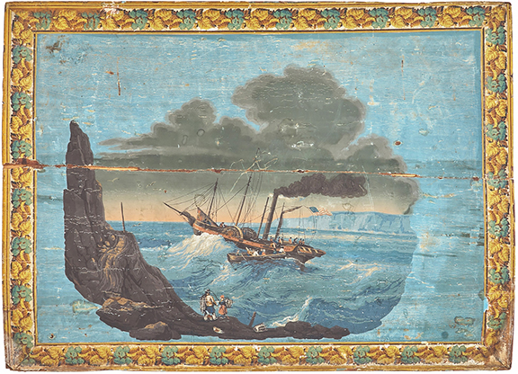 The wallpaper-covered fireboard depicting the “Robert Fulton in Rough Waters,” circa 1850, 33½