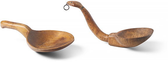 Two 19th-century carved and figured maple scoops, Northeastern Woodlands, one with a handle in the form of a snake with copper-studded eyes, a ring around its neck, inlays, and small copper rivets, 12