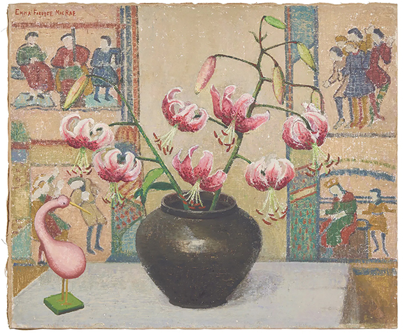 Emma Fordyce MacRae (1887-1974), Pink Lillies [sic] with Japanese Print, 1943, oil on canvas mounted to board, signed, stamped The Estate of Emma Fordyce MacRae, 25