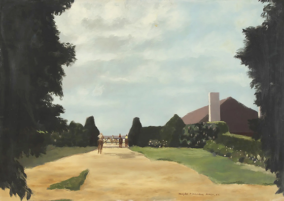 Vaughn Flannery (1898-1955), Last Horse Back, Greentree Stable Entrance, Aiken, South Carolina, oil on masonite, signed and inscribed “Vaughn Flannery AIKEN, S.C.,” 20