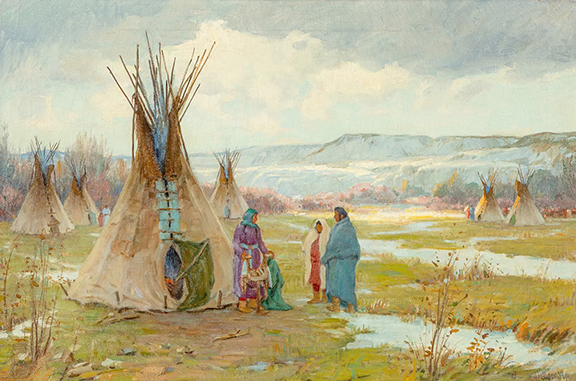 Joseph Henry Sharp (1859-1953), Sunburst Crow Reservation, sold for $320,000, well above its presale estimate of $120,000/180,000 in the Western and wildlife art sale. The 20¼