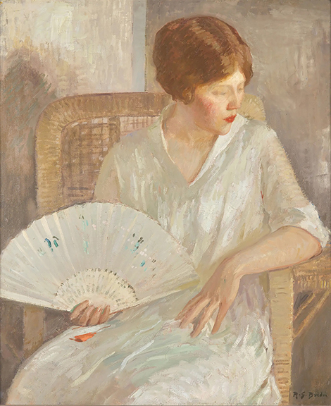 Rae Sloan Bredin (1881-1933), Girl With White Fan, circa 1915, oil on canvas, signed “R.S. Bredin” lower right, also signed and inscribed with title on the stretcher, 30