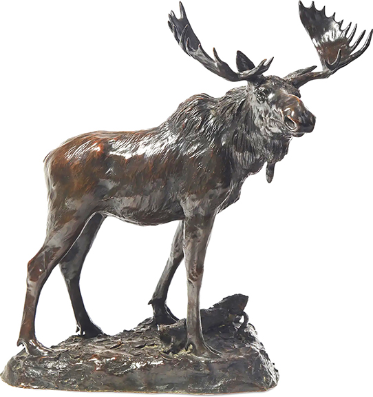 Henry M. Shrady (1871-1922), Bull Moose, 1900, bronze with brown patina, inscribed “H.M. Shrady,” “Roman Bronze Works N-Y-,” and “Copyright by / T.B. Starr,” 20¼