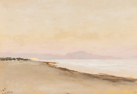 Lockwood de Forest (1850-1932), “Coastal Hues, California, 1909”, oil on board mounted on board, signed and dated, inscribed “Beach, Santa Barbara” and dated on the reverse, 9¾
