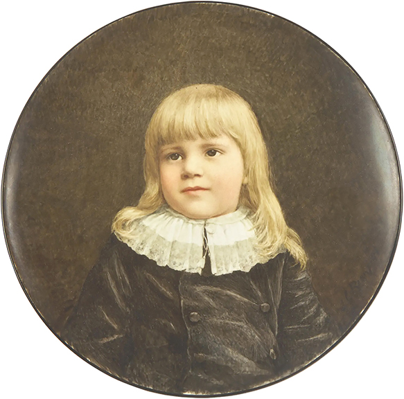 Cecilia Beaux (1855-1942), The Biddle Child, 1881, oil on a porcelain plate, signed and dated, inscribed “#4381 / Biddle” on label affixed to the reverse, 12¾