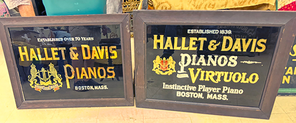 These 1910 reverse on glass painted signs for Hallet & Davis Pianos with original labels on the back were priced at $1000 for the pair or $600 each from Alan Lebow Antiques, Beverly, Massachusetts.