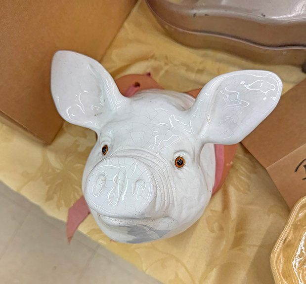 Glazed terra cotta pig with glass eyes, tagged $45 from Brian Shea of Saugus, Massachusetts.