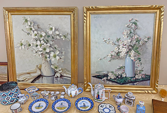 These floral paintings are signed by artist Volney Allan Richardson (1880-1955) and tagged $950 each from Peter O’Brien of Colchester, Vermont. Born in Attica, New York, Richardson studied at the Buffalo School of Fine Arts with William Merritt Chase and exhibited at the Albright Art Gallery in Buffalo.