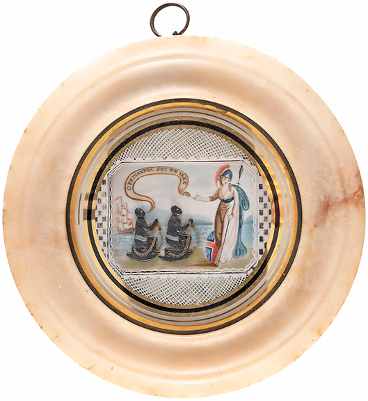 Antislavery alabaster plaque, 1810-30, wax, bone, and applied paint under a verre églomisé dome with an alabaster frame, 5½