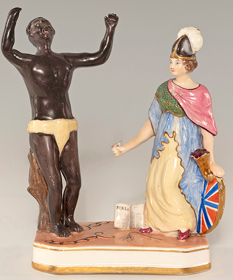 This Staffordshire figure, Freedom for the Slave with Britannia, circa 1830, with the discarded tools of oppression, a whip and chains, lying broken on the ground and with Britannia clutching a shield is the only known example. It sold for $9125 (est. $5000/10,000). Rex and Patti Stark collection.