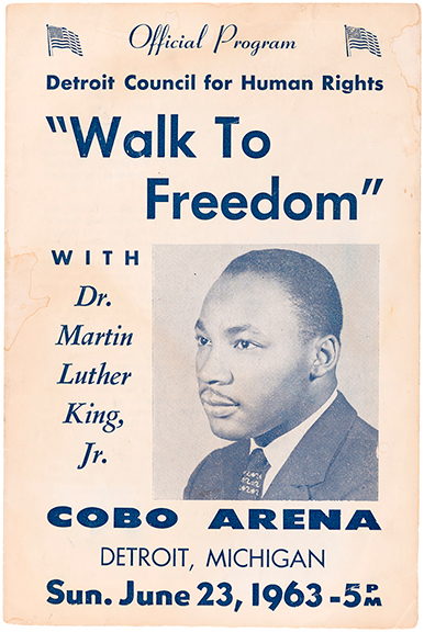 This eight-page official program of the “Walk To Freedom” rally with Dr. Martin Luther King Jr. at Cobo Arena in Detroit, Michigan, 1963, 9¼