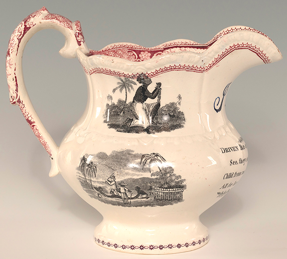 Staffordshire tricolor transferware pitcher with scenes of the trials of slaves, 6½