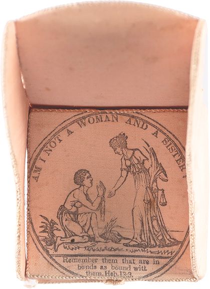 Anti-Slavery Society pink silk pincushion reading “Am I Not a Woman and a Sister?,” 2