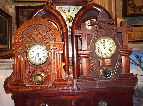 Seen here are two clocks with cases produced by Kittery, Maine, artist John Haley Bellamy (1836-1914), who is best known for his eagles, said Bob. “Typically, these clocks are found with Masonic iconography and other fraternal organizations, although less often.” The clock on the left is one of Bellamy’s Masonic clocks, he noted.