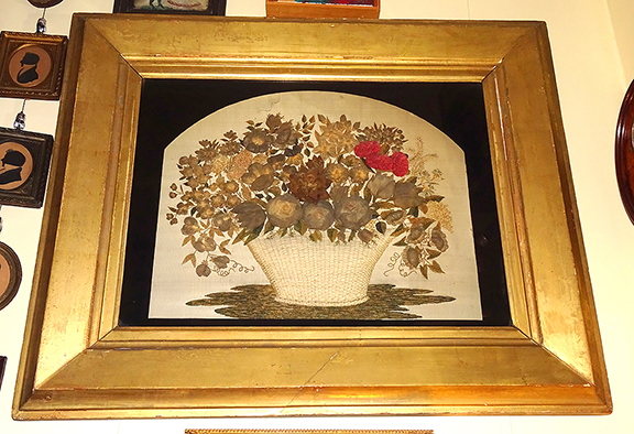 This large three-dimensional needlework of silk crepe ribbon, chenille, and floss has an old note on the back indicating it was created by Eliza Redsecker Young, who, according to Patricia T. Herr’s book “The Ornamental Branches”: Needlework and Arts from the Lititz Moravian Girls’ School between 1800 and 1865, attended the Lititz school in 1840 when she was 16 years old. Markowitz acquired the needlework from dealers Hanes & Ruskin at the long-defunct Peabody Essex Museum Thanksgiving show.