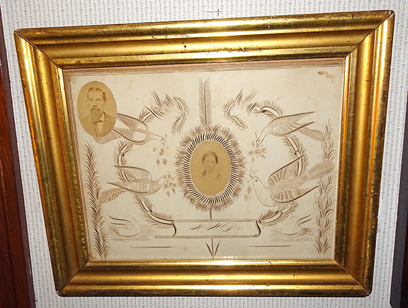 This steel pen and ink Spencerian drawing (“some call it calligraphy,” noted Bob) was acquired at the weekly Milford Antiques Show, which recently closed after 46 years. It features “Mrs. M. Sledge.” The photo of a man, top left, “appears to have been added after,” said Bob. The doves bear acorns and bunches of grapes. Bob enjoys speculating as to the meaning of the piece. “I’ve had leaping lions, prancing ponies, eagles rampant, swooping doves, and so on.”