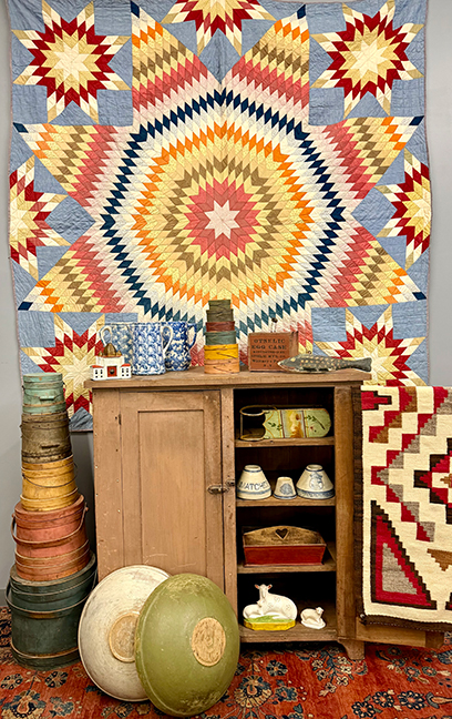 Painted Country Cupboard, Pantry Boxes, Bowls and Firkins