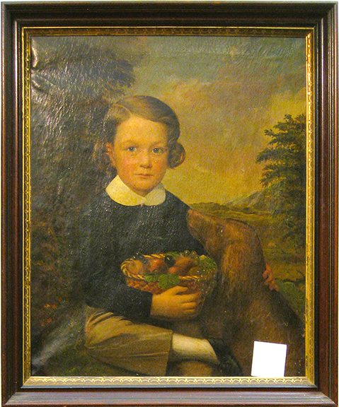 Art Pappas Antiques offered for $6500 this charming circa 1830 portrait of a young boy with basket of fruit and his favorite dog.