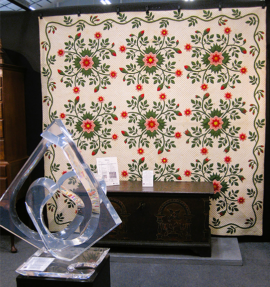 James William Lowery Fine Antiques & Art, Baldwinsville, New York, brought one of the great quilts of the show, a Whig Rose creation in beautiful condition that was $5600. Underneath sat a dower chest from Pennsylvania for $12,885. The 20th-century acrylic sculpture by Cuban/American artist Hivo G. Van Teal was $1685.