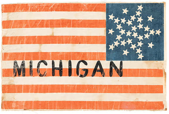A 33-Star “Michigan” Great Star American flag from the 1860 Republican National Convention in Chicago, referred to as the “Wigwam Convention,” sold for $100,000. The convention was held in a structure built for the event known as the Wigwam. At this convention, Abraham Lincoln secured the Republican presidential nomination along with his running mate Hannibal Hamlin. The 11⅛