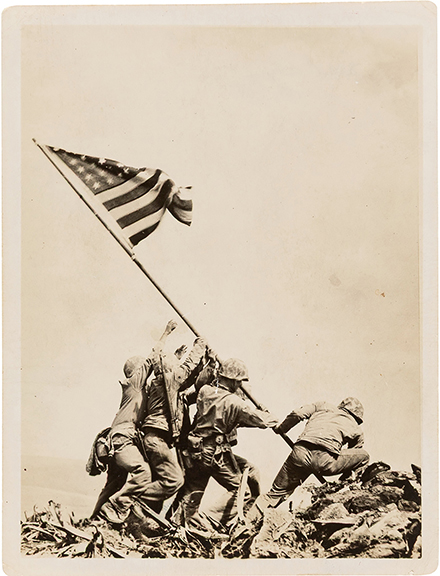 A set of 50 vintage Associated Press photographs of Iwo Jima, anchored by Associated Press combat photographer Joe Rosenthal’s iconic Pulitzer Prize-winning Raising the Flag on Mount Suribachi, Iwo Jima, sold for $21,250 (starting bid: $10,000). Rosenthal shot the photo on February 23, 1945, and it quickly appeared in thousands of publications. The photo won the Pulitzer Prize for photography in 1945. The set of 4½