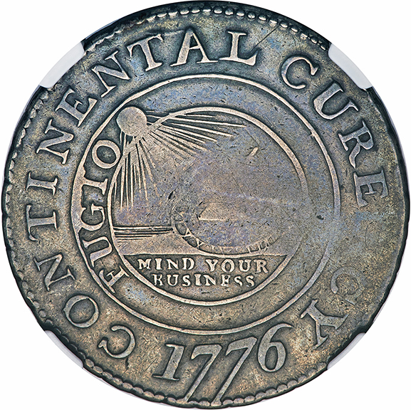 This 1776 Continental $1 coin struck in silver, sold for $1,312,500. The coin, shown obverse and reverse, is believed to have been designed by Benjamin Franklin and is one of only four known silver examples, which include the motto “Mind Your Business” alongside interlocking rings symbolizing the original 13 Colonies. The coin is 373.3 grains. The four Continental currency coins were struck from two die combinations attributed as Newman 1-C and 3-D. Each of the silver coins was struck over a Spanish 8 reales coin from the Mexico City mint. It was sold in the Liberty & Legacy auction on June 25.