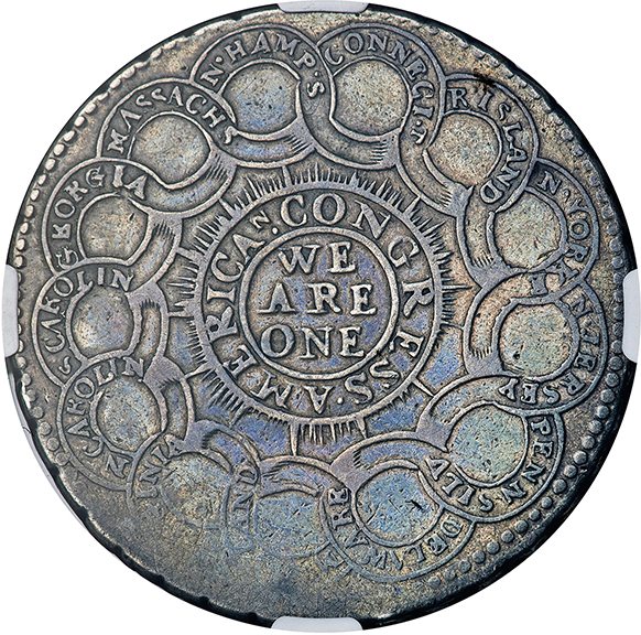 This 1776 Continental $1 coin struck in silver, sold for $1,312,500. The coin, shown obverse and reverse, is believed to have been designed by Benjamin Franklin and is one of only four known silver examples, which include the motto “Mind Your Business” alongside interlocking rings symbolizing the original 13 Colonies. The coin is 373.3 grains. The four Continental currency coins were struck from two die combinations attributed as Newman 1-C and 3-D. Each of the silver coins was struck over a Spanish 8 reales coin from the Mexico City mint. It was sold in the Liberty & Legacy auction on June 25.