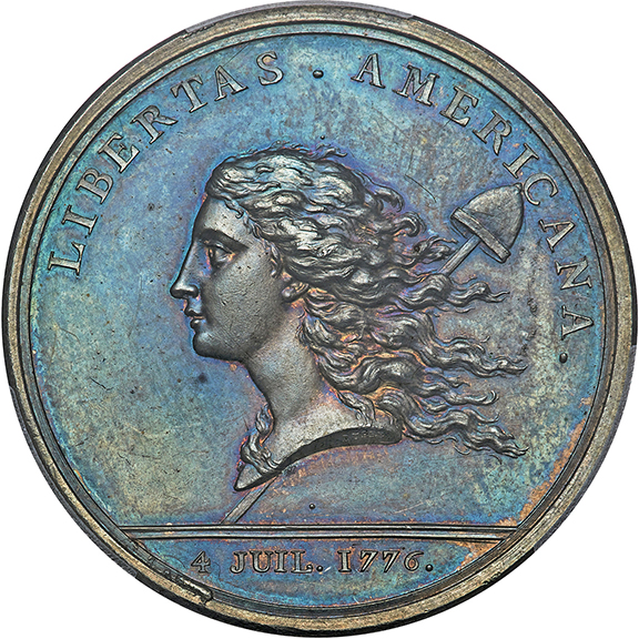 A circa 1783 silver Medal Libertas Americana Medal, shown obverse and reverse, sold for $475,000. The Libertas Americana could be the most important American medal. Examples were struck in bronze, silver, and gold. The silver example was selected to illustrate the front cover of 100 Greatest American Medals and Tokens, where this medal holds the top spot. The obverse side depicts a female head facing left, representing Liberty, her hair flowing back, with a pole and cap over her right shoulder. Above her head are the words “LIBERTAS AMERICANA.” The date, “4 JUIL. 1776” is below. The engraver’s signature, “DUPRE,” is placed on the edge of the bust. The medal sold in the Liberty & Legacy auction on June 25.