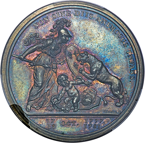 A circa 1783 silver Medal Libertas Americana Medal, shown obverse and reverse, sold for $475,000. The Libertas Americana could be the most important American medal. Examples were struck in bronze, silver, and gold. The silver example was selected to illustrate the front cover of 100 Greatest American Medals and Tokens, where this medal holds the top spot. The obverse side depicts a female head facing left, representing Liberty, her hair flowing back, with a pole and cap over her right shoulder. Above her head are the words “LIBERTAS AMERICANA.” The date, “4 JUIL. 1776” is below. The engraver’s signature, “DUPRE,” is placed on the edge of the bust. The medal sold in the Liberty & Legacy auction on June 25.