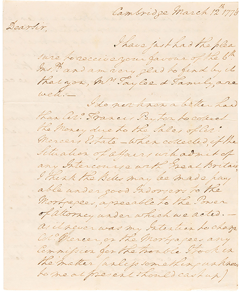 In a letter written in March 1776, a few months before the signing of the Declaration of Independence, George Washington describes the seizure of Dorchester Heights, which forced the British evacuation of Boston. The autographed letter was written by Washington during the siege of Boston and sold for $275,000 (starting bid: $30,000). The letter is written on four pages of a bifolium, 7½