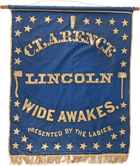 A large 1860 Lincoln “Wide Awakes” blue silk parade banner from western New York sold for $106,250 (starting bid: $40,000). The blue silk banner, 51