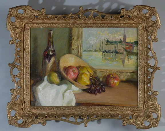 These two oil on canvas paintings are by Finnish/American artist Carl Bennett Linder (1886-1981). One shows a harbor scene as viewed through a window. There is a vase of flowers on the window sill. The other is a still life with an overflowing bowl of fruit and a wine bottle. In the background the artist has included a framed painting of the harbor scene depicted in the first painting. The scene with the vase, 12¼