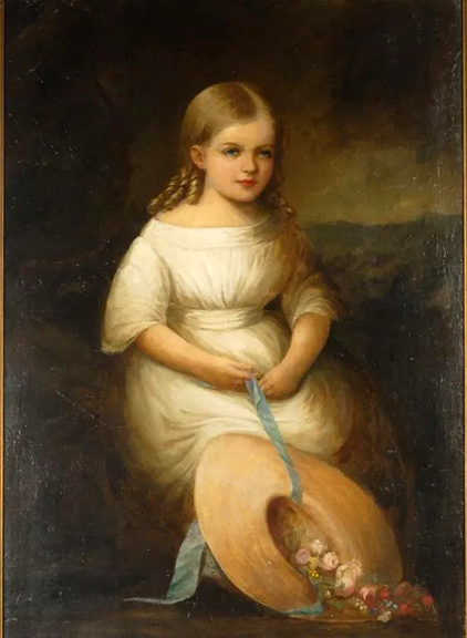 The 19th-century oil on canvas portrait of a young blue-eyed girl is attributed to Sala Bosworth of Ohio (1805-1899). The sitter is not identified but is believed to be Bosworth’s daughter, Martha Frances (known as Frances). She is seated, wearing a white dress, and holding the ribbon of a straw hat that is overflowing with roses. The 47¼