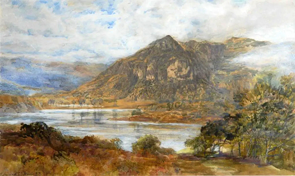 The watercolor landscape is signed lower left “Edmund George Warren RI.” Warren (British, 1834-1909) was a member of the Royal Institute of Painters in Water Colours, a group that promoted the medium as an acceptable form of “serious art.” Not identified or dated, the approximately 12¾