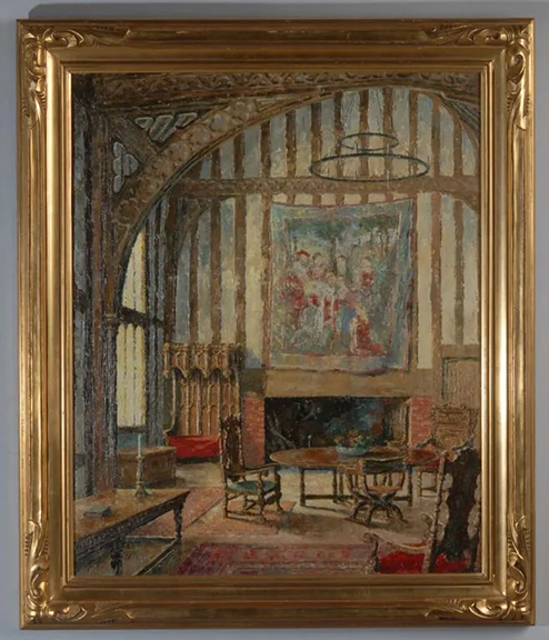 This oil on panel by designer and artist Willard H. Bond likely depicts an English drawing room. It has Elizabethan-style furnishings, including a large open fireplace with a large tapestry above and an ornately carved canopied settle. The painting, signed “W. H. Bond,” is housed in a Newcomb-Macklin frame. The lot included a matted and framed copy of the cover of the January 1932 issue of Arts & Decoration magazine (not shown), featuring this painting. The 21¼