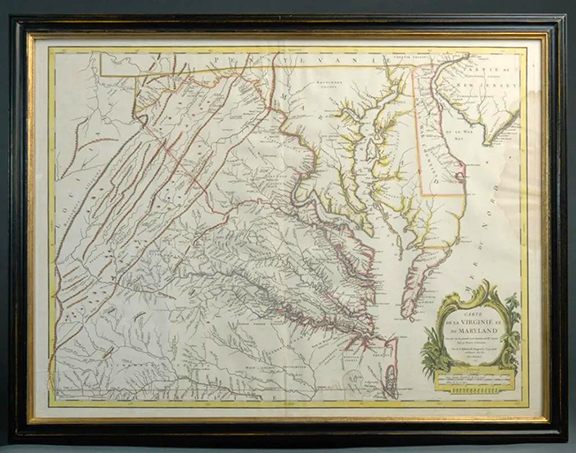 Here is a first state example of Robert de Vaugondy’s 1755 French edition of Joshua Fry and Peter Jefferson’s map of Virginia and Maryland. The map makers are identified as “Josué Fry and Pierre Jefferson” in the cartouche. The hand-colored map was engraved by Elisabeth Haussard, whose signature appears below the cartouche. Framed under glass and with a label from The Old Print Shop (New York City) on the reverse, the approximately 19½
