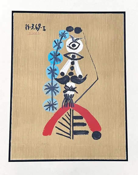 This color lithograph is from the series “Imaginary Portraits,” published by Harry N. Abrams in 1969. The series consists of 29 portraits after Pablo Picasso (Spanish, 1881-1973). Executed on heavy wove paper, this example is identified as “A 45/250” in pencil lower left, indicating that it is from the American edition of 250. The series was based on original paintings on cardboard by Picasso, who collaborated with Marcel Salinas in the creation of the lithographs. The unframed lithograph, approximately 25½