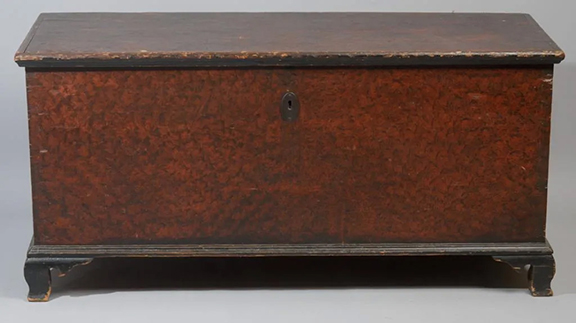 The 19th-century Pennsylvania blanket chest is constructed of white pine. The dovetailed case is sponge painted in brick red and brown. The numbers “18” and “36” are marked in the paint of the front panel on either side of the escutcheon. The lid features an applied molded edge and is secured with iron strap hinges. There is an internal till. The chest is raised on black-painted ogee bracket feet. It has some wear and paint loss from use. The chest measures approximately 23¼