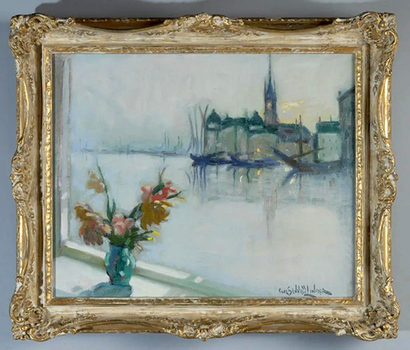 These two oil on canvas paintings are by Finnish/American artist Carl Bennett Linder (1886-1981). One shows a harbor scene as viewed through a window. There is a vase of flowers on the window sill. The other is a still life with an overflowing bowl of fruit and a wine bottle. In the background the artist has included a framed painting of the harbor scene depicted in the first painting. The scene with the vase, 12¼