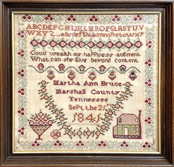 Bill and Joyce (d. 2020) Subjack of Neverbird Antiques, Surry, Virginia, once had a goal of collecting a sampler from every state. Over the years, their collection had examples from 44 states. This sampler from Marshall County, Tennessee, was wrought by Martha Ann Bruce and dated 1841. Measuring 18½