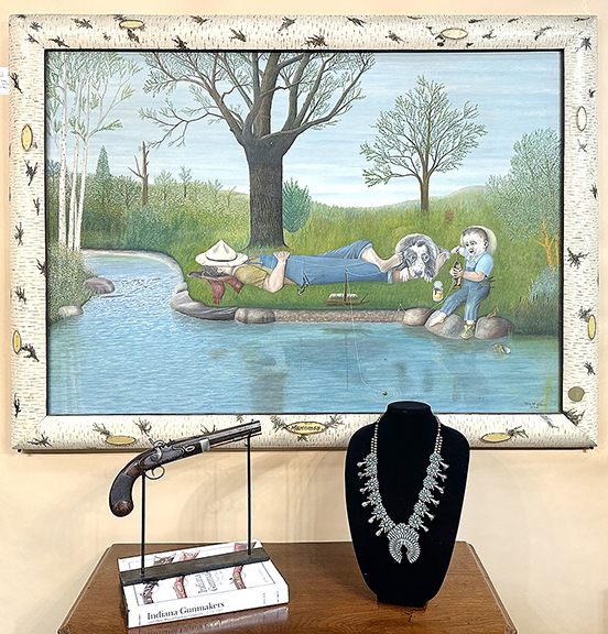 Titled Memories on the frame, the exhibition-size oil on canvas painting by George Melville Smith (1879-1979) depicts a man resting and a young boy fishing. Signed and dated 1946 and with the frame painted to resemble paper birch, the work measures 35